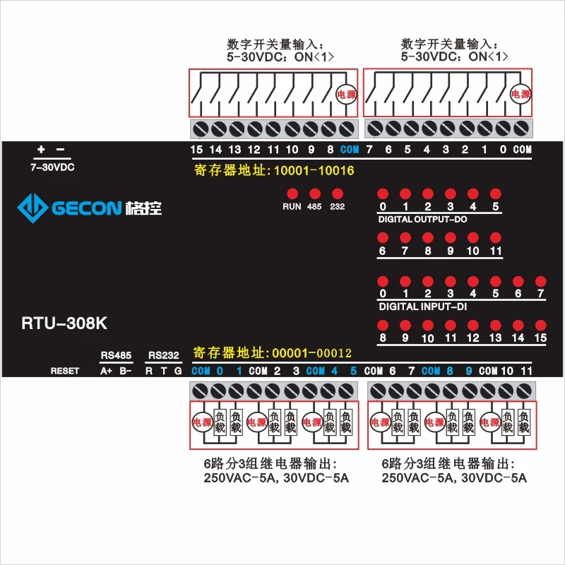 RTU-308K 12DO+16DI acquisition controller Modbus RTU protocol RS485 232 switch i