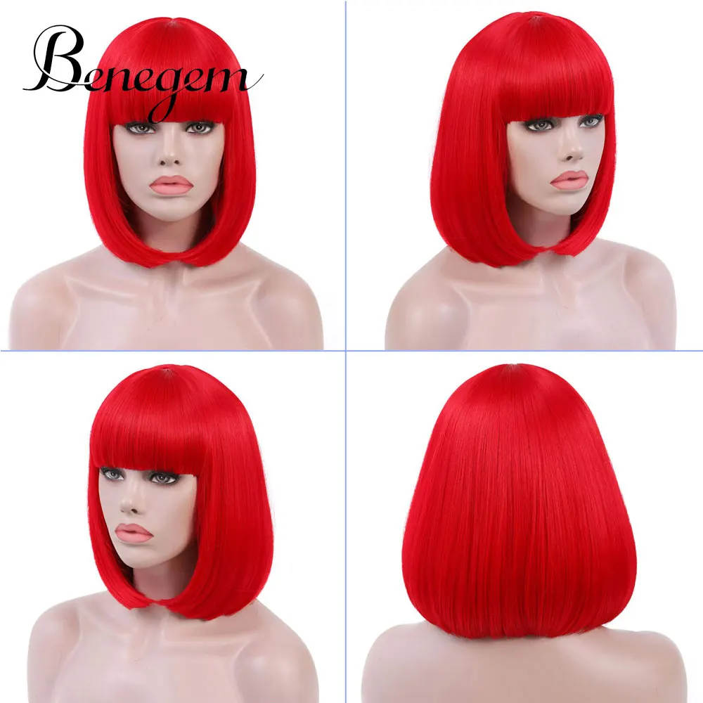 Benegem Blonde Bob Wig Short Wig with Bangs 14 Women Wig Synthetic Halloween Cosplay Party Wig