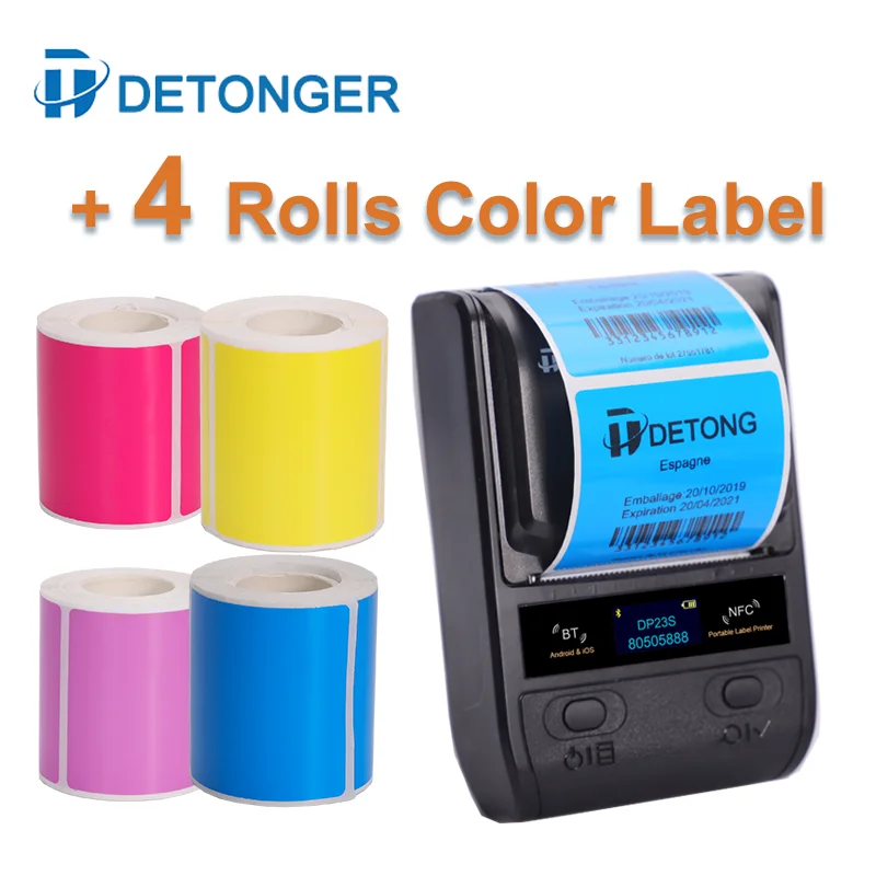 DETONGER DP23S 58mm Portable Thermal Printer with 4 Rolls Color Sticker Bluetooth Barcode Label Maker DP23S canon pocket printer