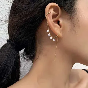 

Chic Gold Long Chain Tassel Clip on Earrings With Piercing Women Girl New Fashion Crystal Earcuff Simple Clips Ear Jewelry