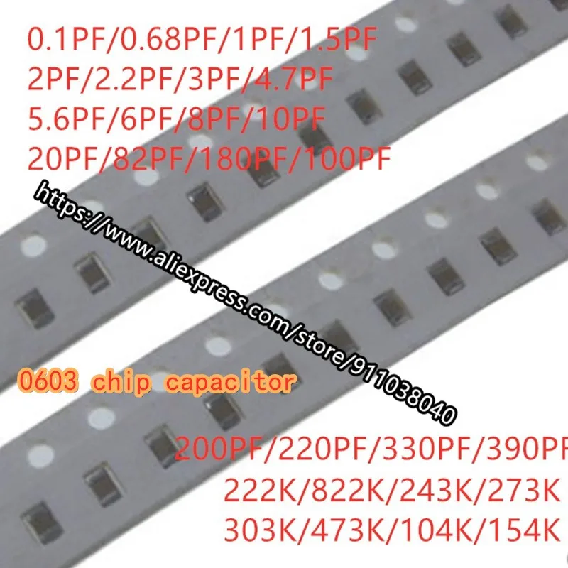 

100 шт. 0603 SMD чип конденсатор 50 в 0,1-910PF 0,91 1,1 1,5 1,6 2,2 2,7 4,3 3,6 6PF 3,9 ПФ 10 20 68 33 39 82PF 390 360 820пф