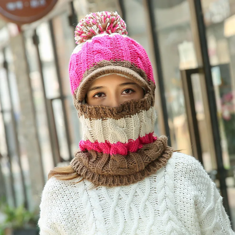 Новинка, Skullies Beanies, женская вязаная шапка, шарф, женские зимние шапки, помпоны, капот, теплая Балаклава, маска, много цветов, Шапка-бини