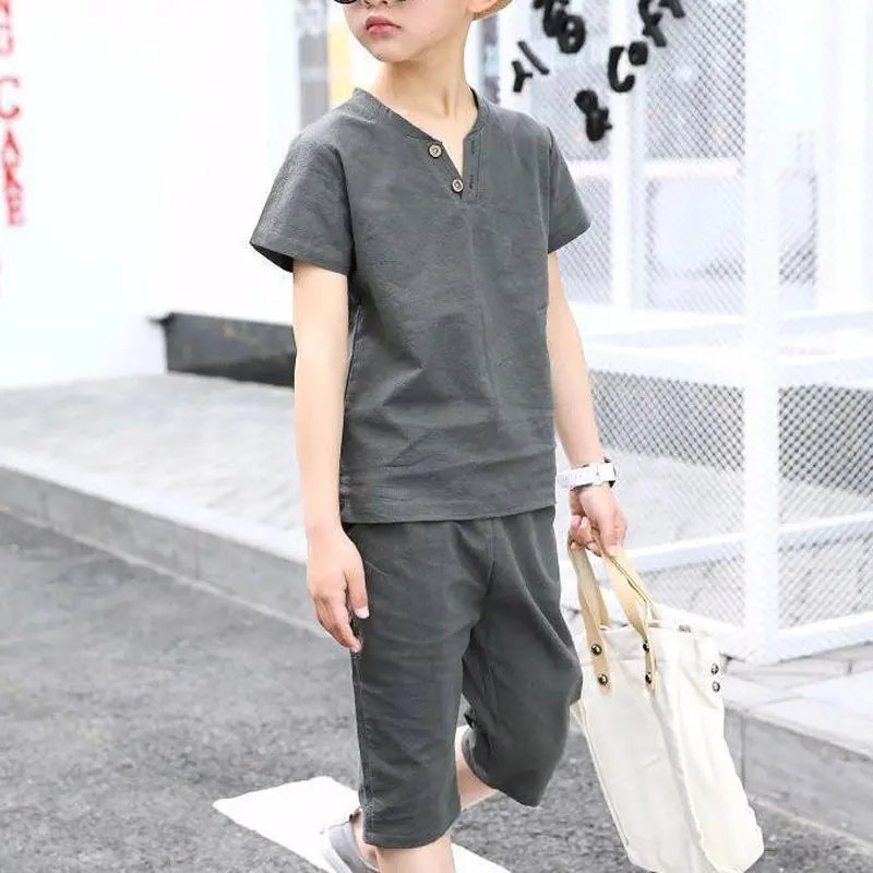 

2-8 year Boys Clothing Set Summer T-Shirt Linen Cotton Solid Color Children Boys Clothes Shorts Suit for Kids Outfit