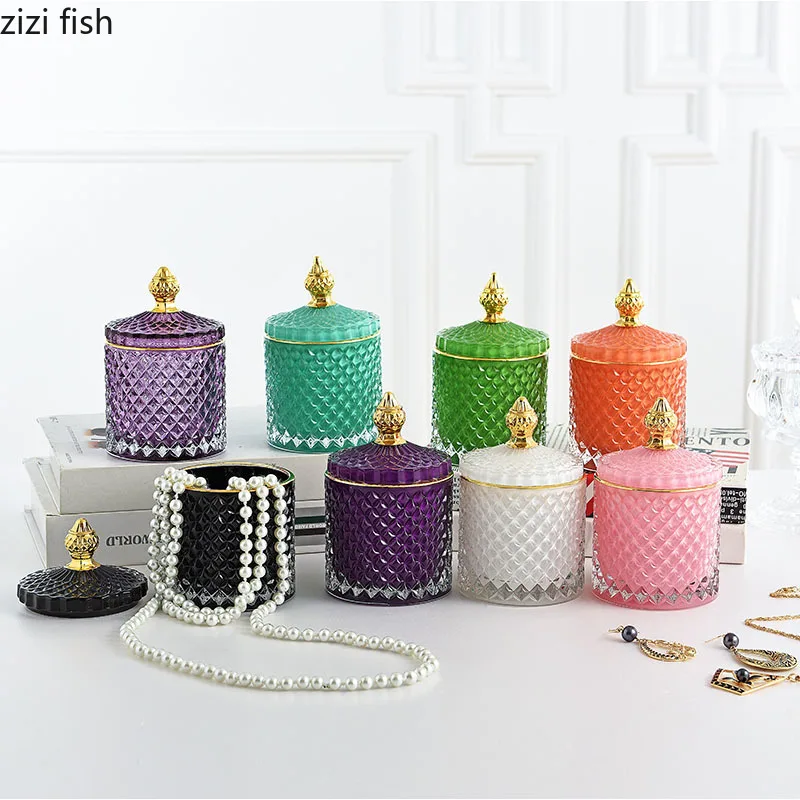 Glass Storage Jars Retro Aroma Candle Jar Jewelry Storage Box Crown Decorative Crystal Jar with Lid Spice Organizer