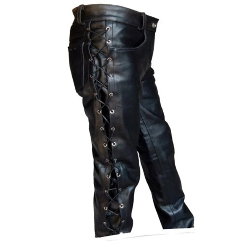 Men Trousers Leather Pants Lace Up Leather Pants Motorcycle Punk Costume For Men Winter Big Tall