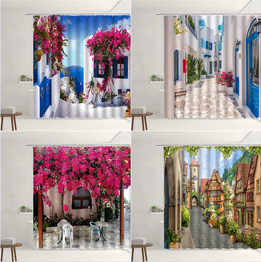 Greek Town Street View Shower Curtain Blue Wooden Doors Windows Flower