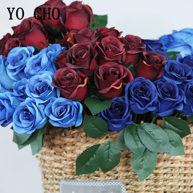Wedding Bouquets Artificial Rose Flowers 12 Heads Artificial Flowers Rose Bouquet Royal Blue Small Roses Fake Flower Bouquet for Wedding Party Home Decor Silk Flowers