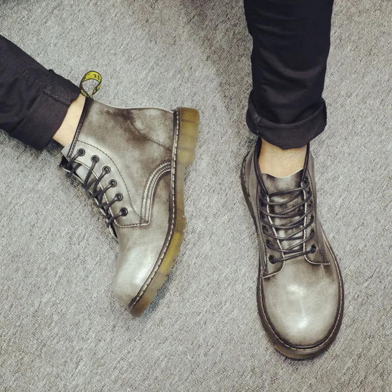 Мужские ботинки doc martins; красивые ботинки Dr Martins в британском стиле; винтажные классические военные ботинки из натуральной кожи; Мужская обувь в байкерском стиле на толстом каблуке - Цвет: Серый