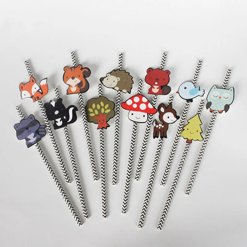 

12pcs Paper Animals Straw with Card Drinking Supplies Birthday Party Festive Creative Decoration For Children Kids