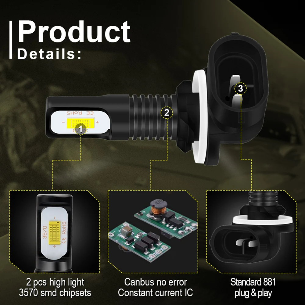 Katur Светодиодная лампа H27 2 шт. 881 Led H27W2 2400LM 6500K белый противотуманный светильник