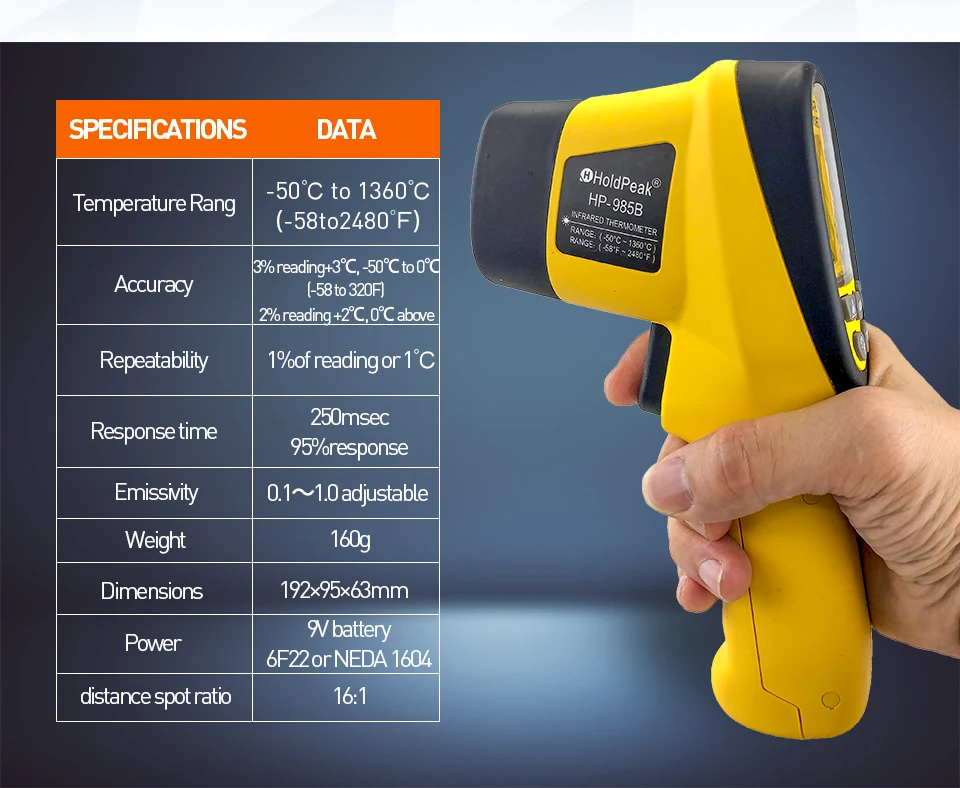 HoldPeak HP-985B дисплей тип цифровой инфракрасный термометр двойной лазер Высокая точность ИК температурный прибор-50-1360'c