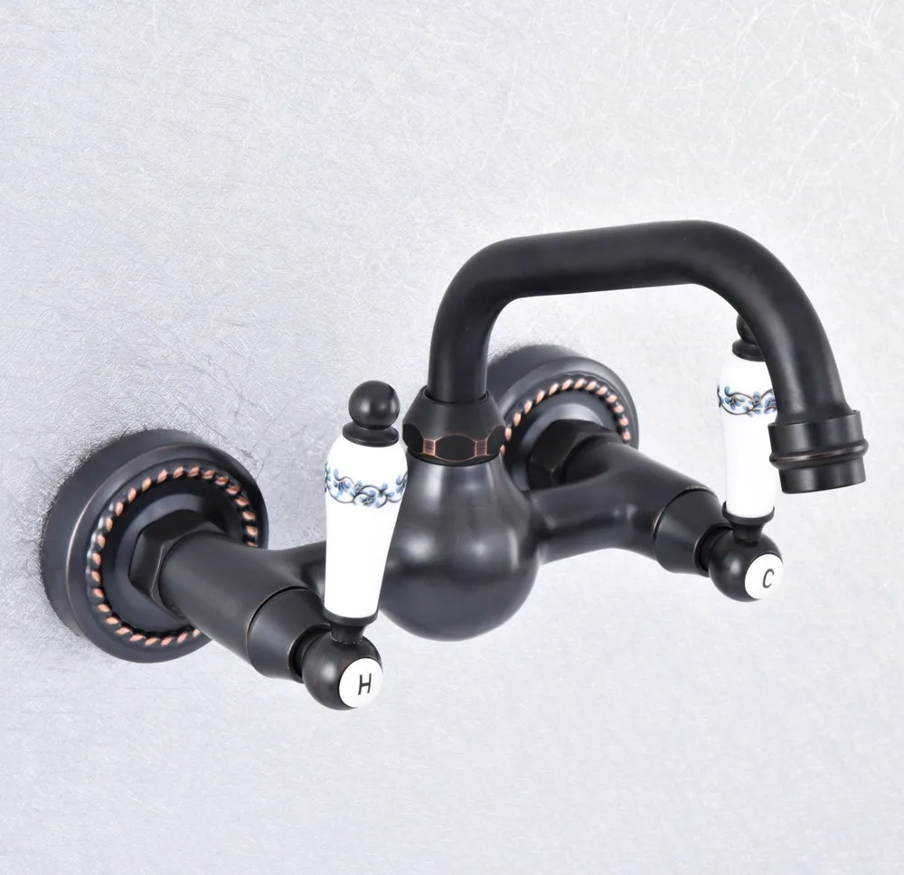 Масляные бронзовые настенные смесители для раковины с двойной ручкой и двойным отверстием, поворотный кран для раковины, смеситель Nsf714