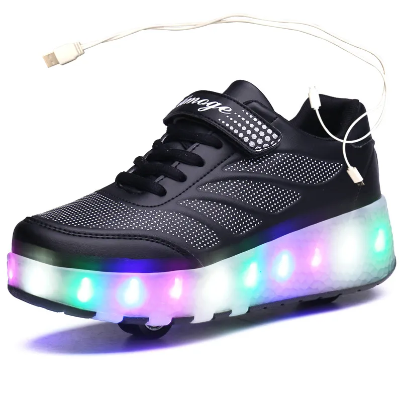 USB Charging Black Two Wheels Luminous Sneakers Led Light Roller Skate Shoes for Children Kids Led Shoes Boys Girls Shoes 28-43 5