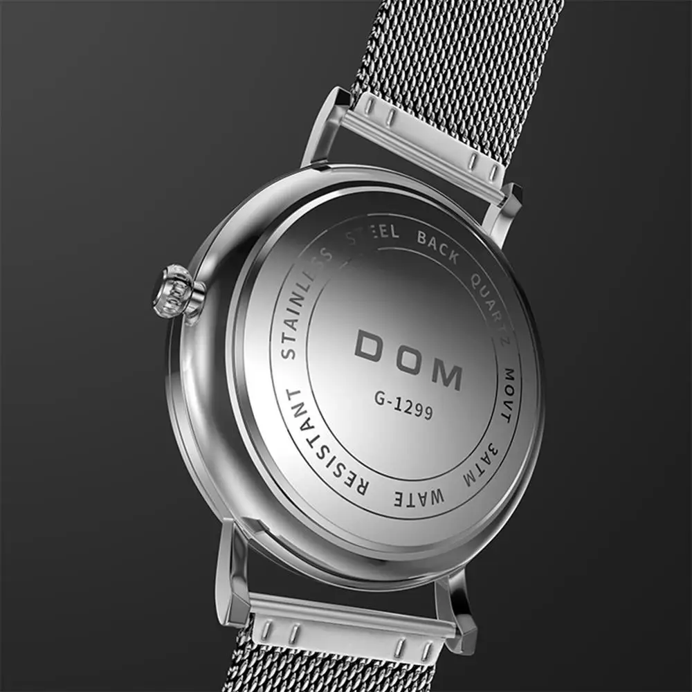 DOM Brand Luxury Silver Male Watch Quartz Creative Wrist Watch Men Auto Waterproof Mens Watches Sport Wristwatch M-1299D-7M