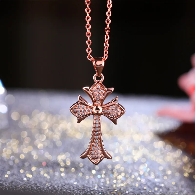 Rose Gold Necklace Juya DIY Религиозные поставки ювелирных изделий микро проложить Циркон Подвески в форме Креста для ручной работы Иисуса христианского изготовления ювелирных изделий - Окраска металла: Rose Gold Necklace