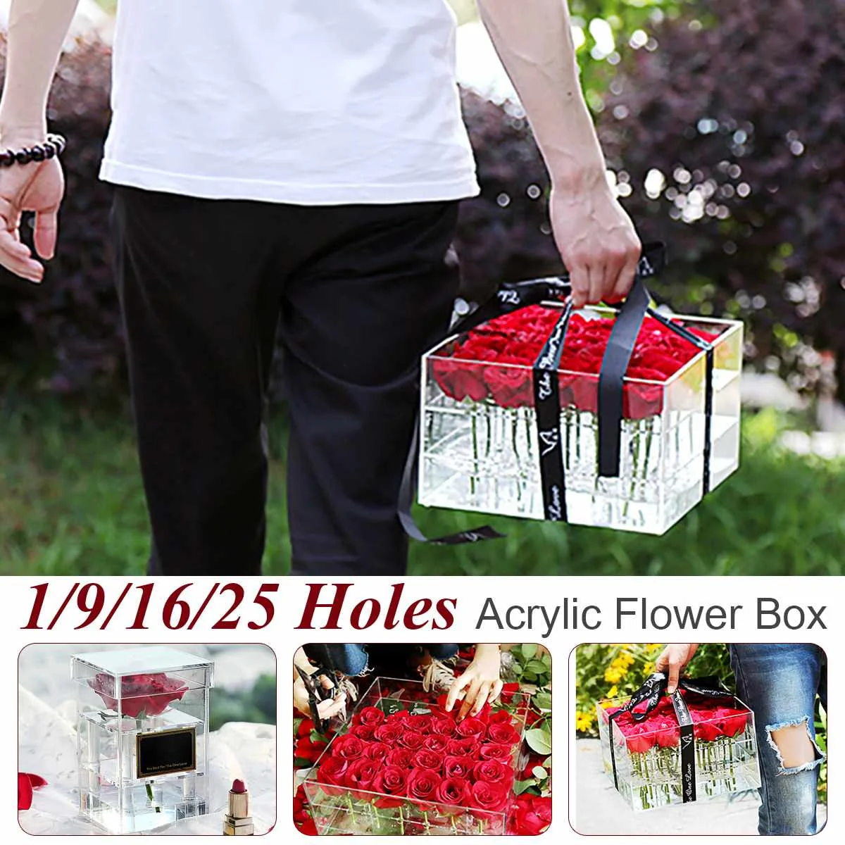 

Acrylic Transparent Makeup Organizer Material Cosmetic Case Holder Rose Flower Box With Lid Makeup Organizer for Valentine's Day