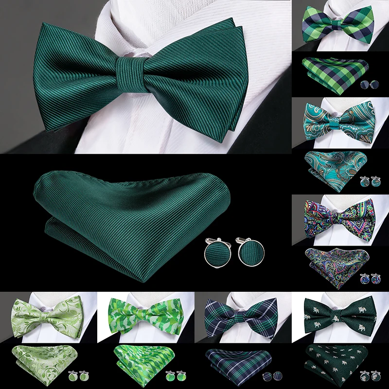 Hi-Tie Christmas Green Bow Ties for Men Silk Butterfly Tie Bow Tie Hanky Cufflinks Set Wedding Party Paisley Plaid Solid Bowtie