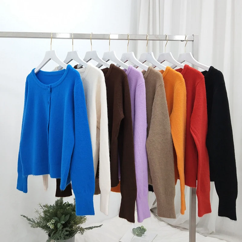 Женский трикотажный кардиган с круглым вырезом однотонный короткий Свободный