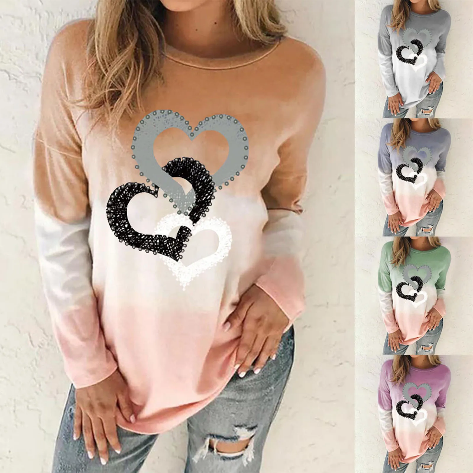 Camiseta holgada con estampado de corazones para Mujer, Ropa de manga larga con cuello redondo, gradiente, Harajuku