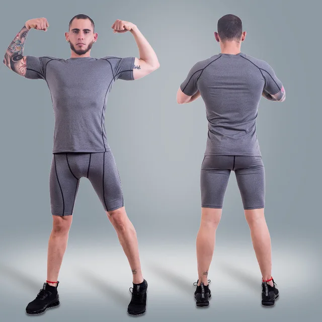 deep grey Компрессионная одежда спортивные костюмы быстросохнущие мужские наборы для бега спортивный костюм для мужчин летняя одежда для фитнеса спортивная одежда - Цвет: deep grey