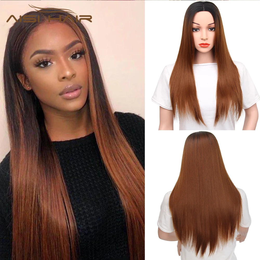 

AISI HAIR Top Quality Popular 20 Inch Synthetic Wigs Ombre Brown Long Straight Wigs For Black Women Middle Part Natural Wigs