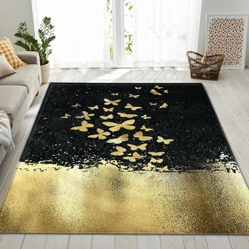 

3D Imitation Leather Pattern Parlor Carpet Bedside Rug Mat Kitchen Dining Room Area Rug Gold Butterfly Large Living Room Carpet