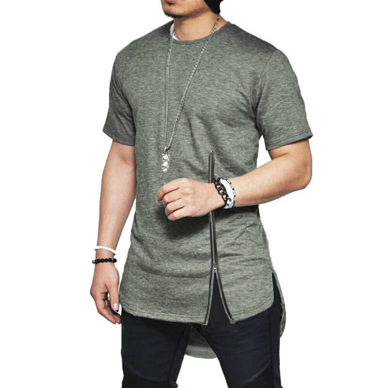 Summer Mens Solid T-shirt Short Sleeve Zipper Slim Tee Men Fashion Crew Neck Longline Oversized Plain Tops Casual Daily 4 Color