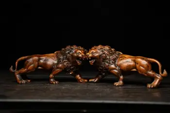 

5" China Lucky Seikos Boxwood Lion statue Panthera leo statue Lion A pair of wood carvings of lions