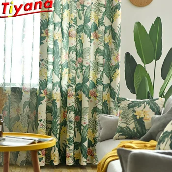 

Semi Blackout Curtians Fabrics for Living Room Rainforest Flower Leaves Tulle Curtains Blue Tulle Window Items Yarn WP420#20