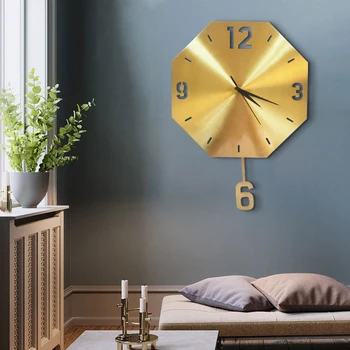 

Metal Swingable Wall Clock Mute Golden Living Room Light Luxury Wall Clock Digital with Pendulum Duvar Saat Home Decor L