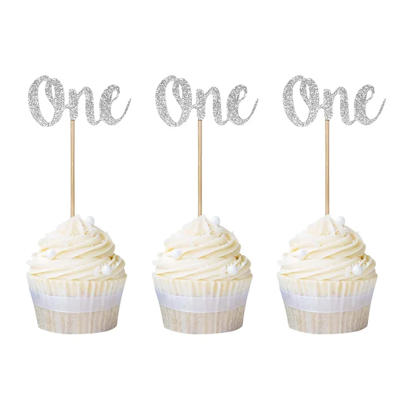 

12pcs Gold Silver Glitter One Cupcake Toppers Gender Reveal Baby Shower Wedding Birthday Party Decors Celebration Free Shipping