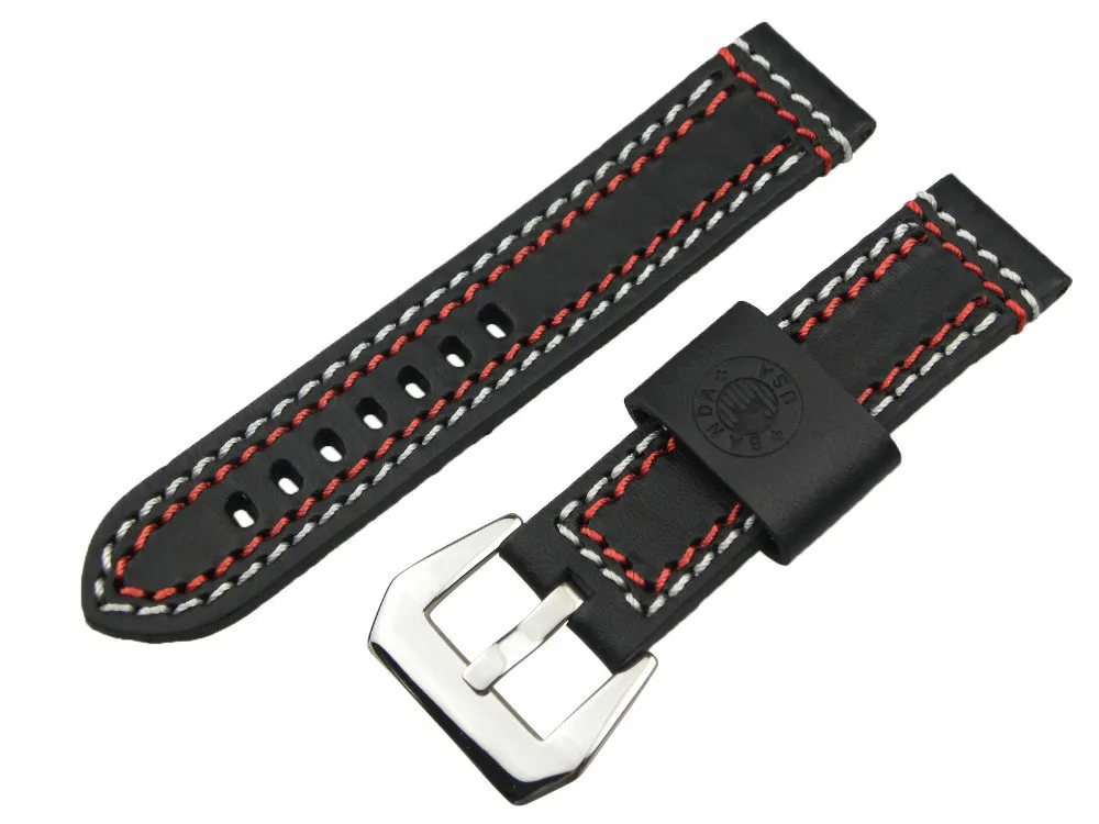 

CARLYWET 22mm Men Lady Black Band with Red White Stitches Real Calf Leather Thick Style Strap Wrist Watch band Belt For Panerai