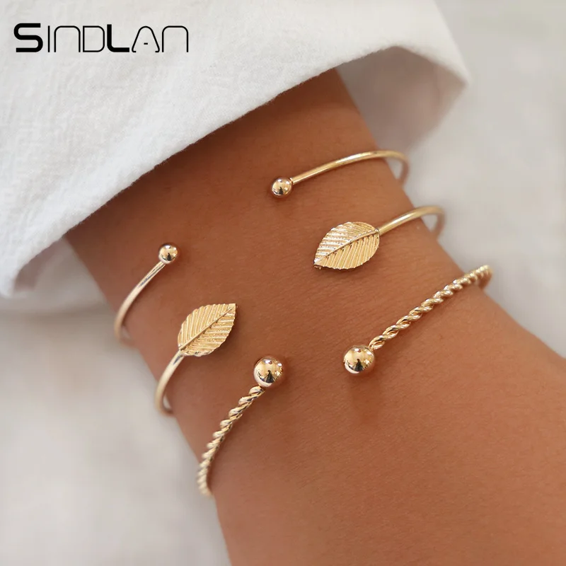 

Sindlan 3PCs Simple Gold Leaf Twist Chain Bangles Bracelets for Women Vintage Fashion Open Bracelets Set Hand Wrist Jewelry