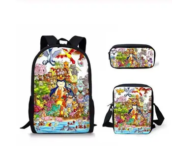 

3PCs/Set Children's Backpack Cartoon Pokemon Anime Pattern School Bags Set Kawaii Pikachu Design Tennagers Book Bags Set