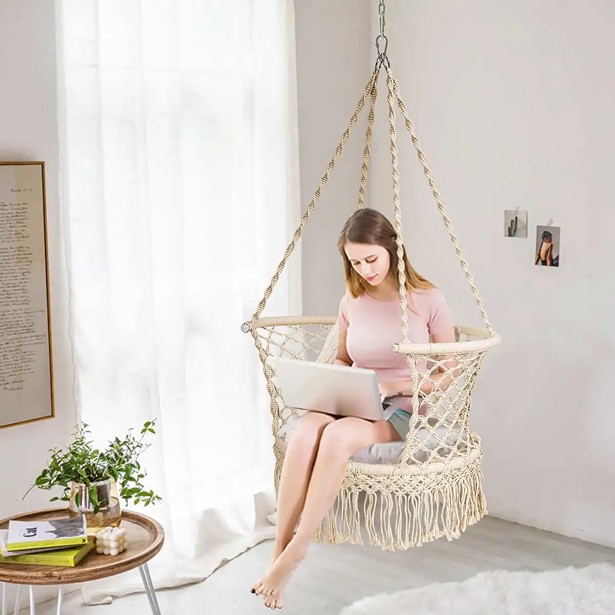 Handmade Knitted Round Hammock Outdoor Indoor Swing Bed Chair Hanging Comfort 