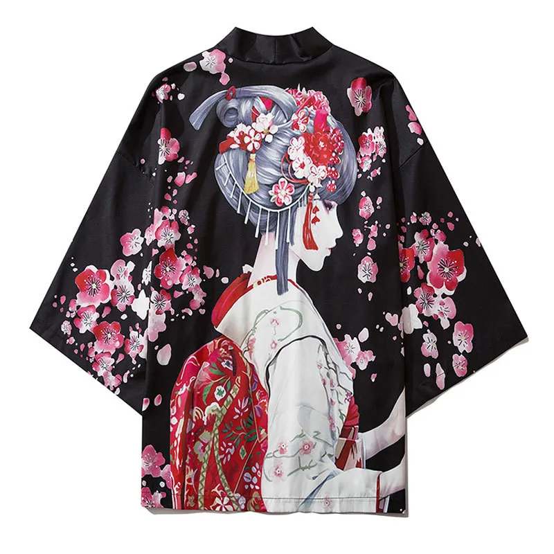 

Japanese Gril Cherry Blossoms Flowers Print Haori Kimono Cardigan Traditional Shirts Streetwear Hip Hop Summer Men Shirt Tops