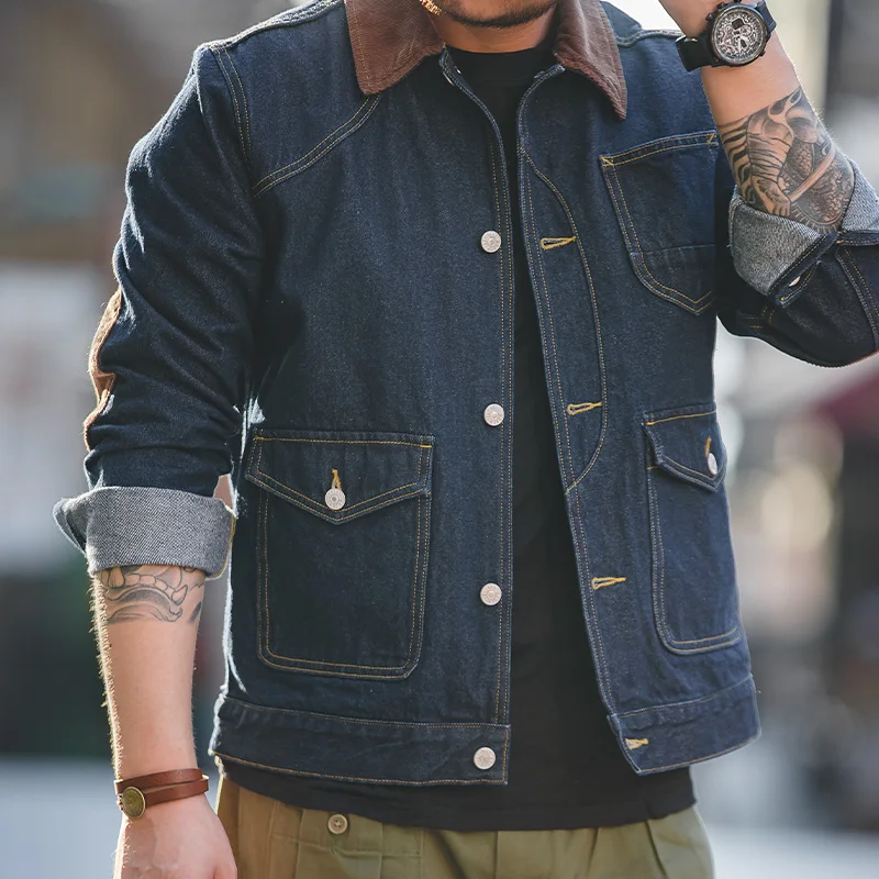 Mens Denim Jeans Stitching Jacket Coats 