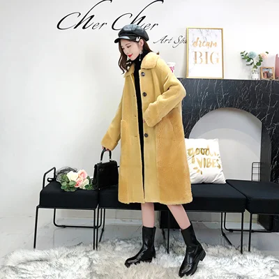 yellow Женское зимнее комбинированное двустороннее меховое пальто, мягкое меховое пальто из овечьей шерсти, Женская шерстяная куртка, Женское пальто Hiver f2226 - Цвет: yellow