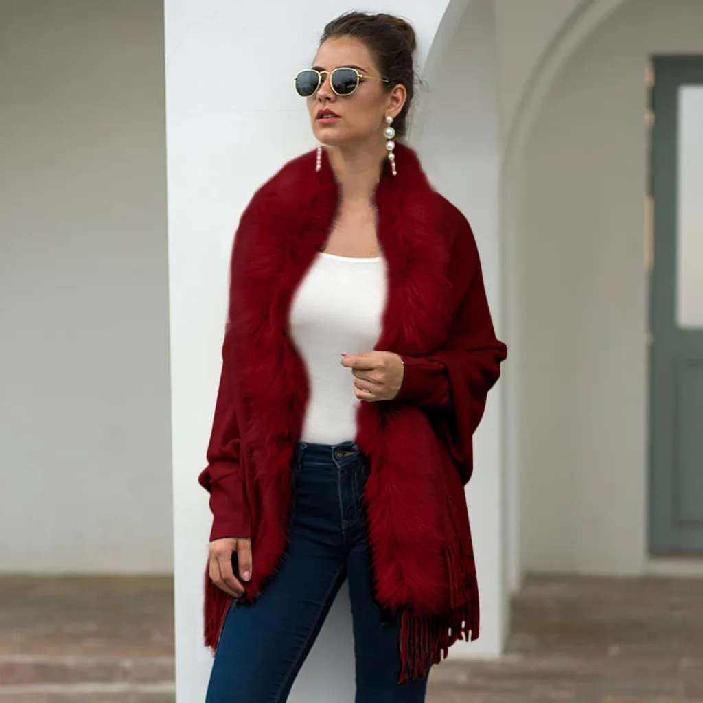 Red Chamsgend Для женщин плащ с бахромой шаль свитер меховой воротник сплошной кардиган трикотажные пальто зимние кашемировые пончо Накидки Открыть стежка - Цвет: Red