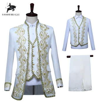 

European style Court Costume Coat+Vest+Pants+Tie Men Tuxedo Slim Fit Fashion Suit Wedding Cosplay Party Costume Male
