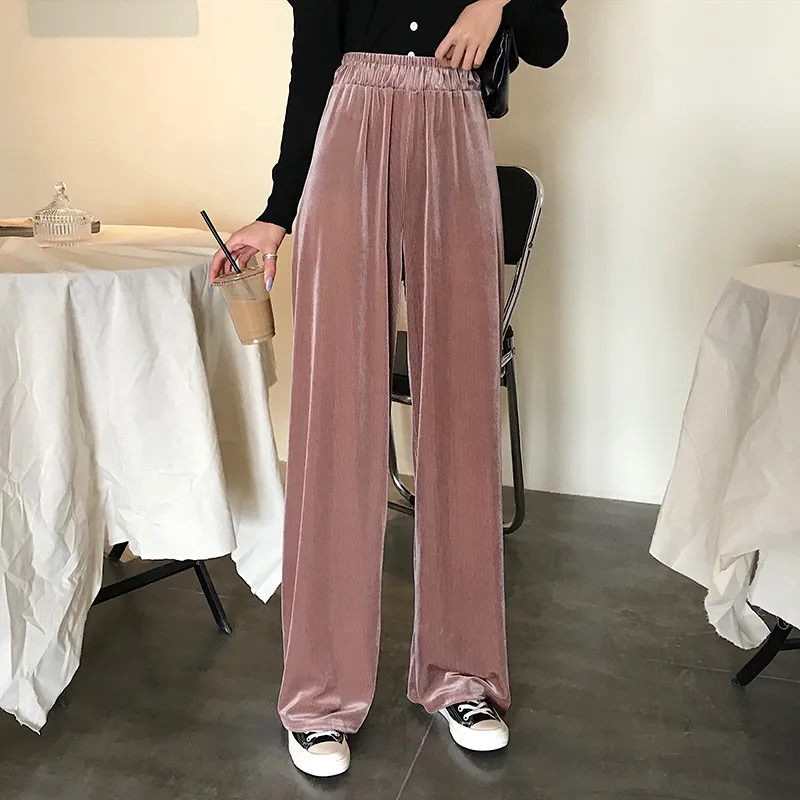 Fdfklak Gold velvet wide-leg pants women's fall winter high waist loose straight pant thick joggers student's sweatpants | Женская