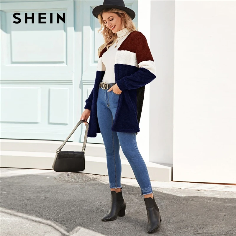 SHEIN разноцветное повседневное зимнее пальто с открытой передней частью, женская уличная одежда с длинным рукавом, Женская эластичная верхняя одежда с цветными блоками