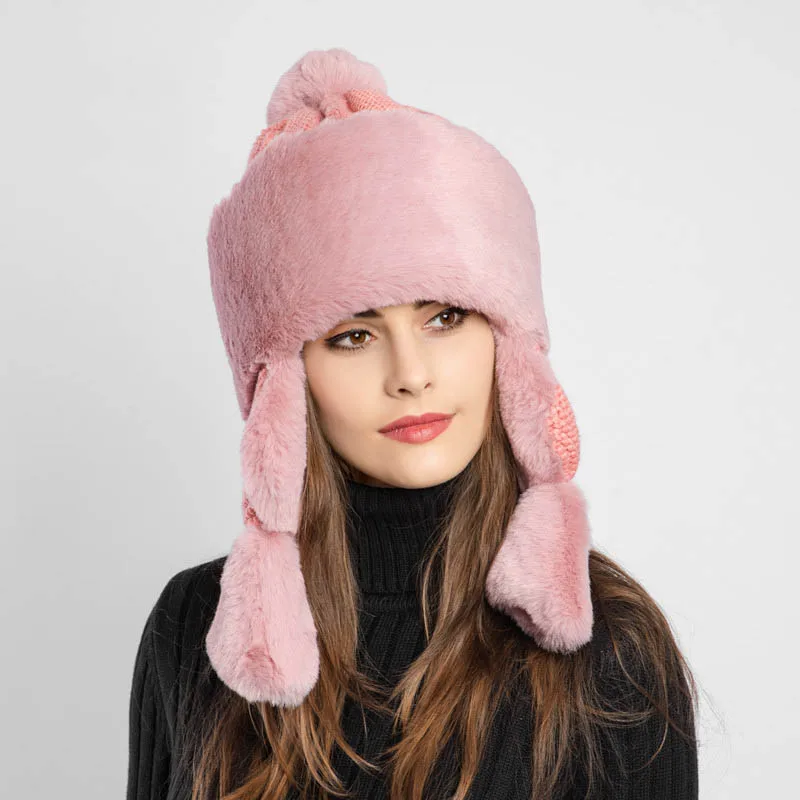 Fibonacci New Women's Bomber Hat Knit Plush Faux Fur Hats Winter Windproof Warm Ear Protect Bomber Russian Ushanka Cap - Цвет: Розовый