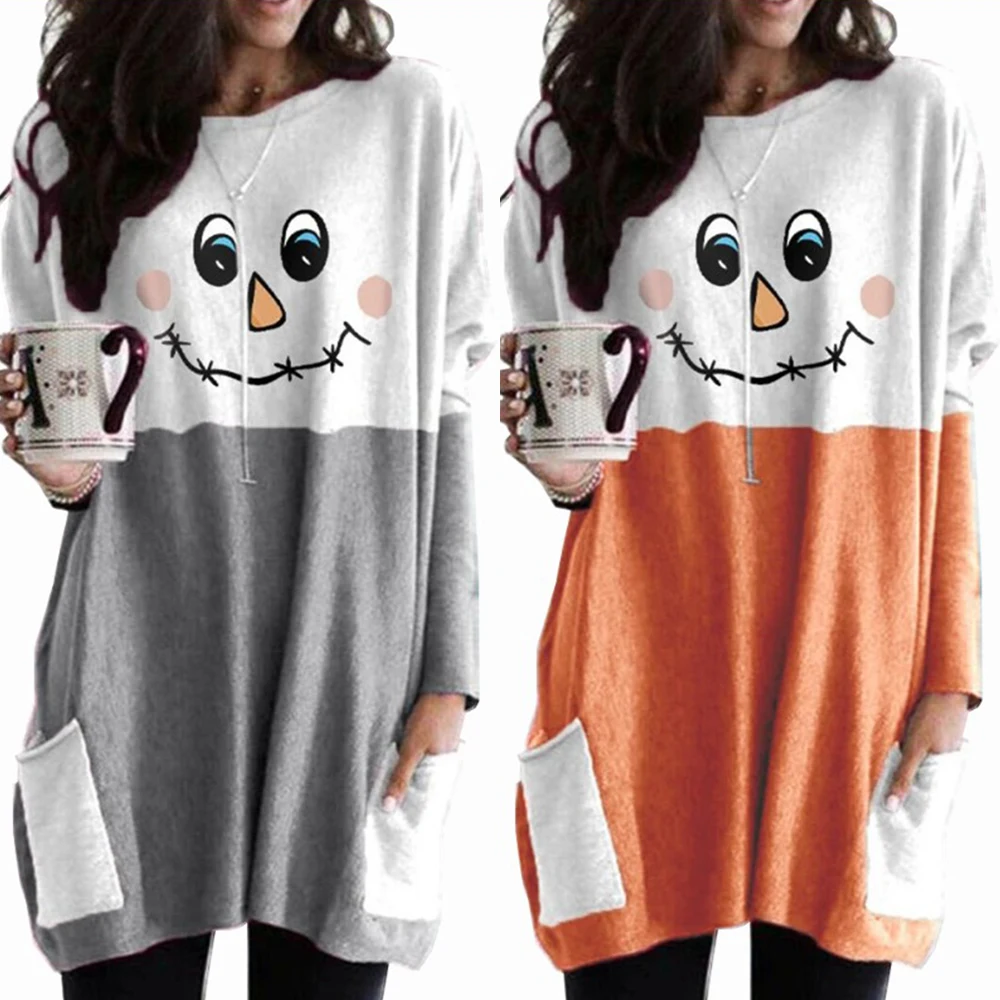 VICABO Women Tops 2020 Christmas T Shirt Long Sleeve O-neck Pockets Casual Snowman Print Female Shirts