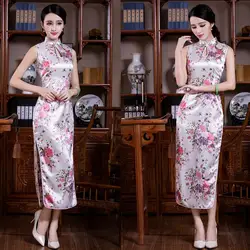 Белое длинное женское платье Qipao с цветком, воротник-стойка, классическое китайское платье для дам, с высоким разрезом, восточное платье