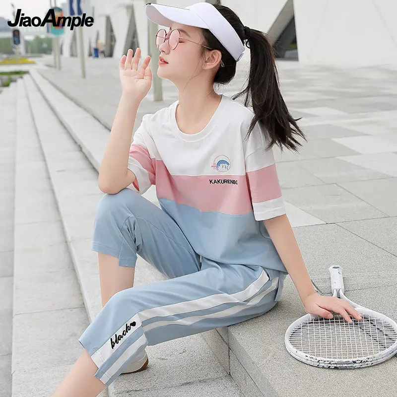 Summer Sports Suit Women Tracksuit 2021 New Cotton O-Neck Casual Top Pants Two-piece Girl Short-sleeved Shorts Set