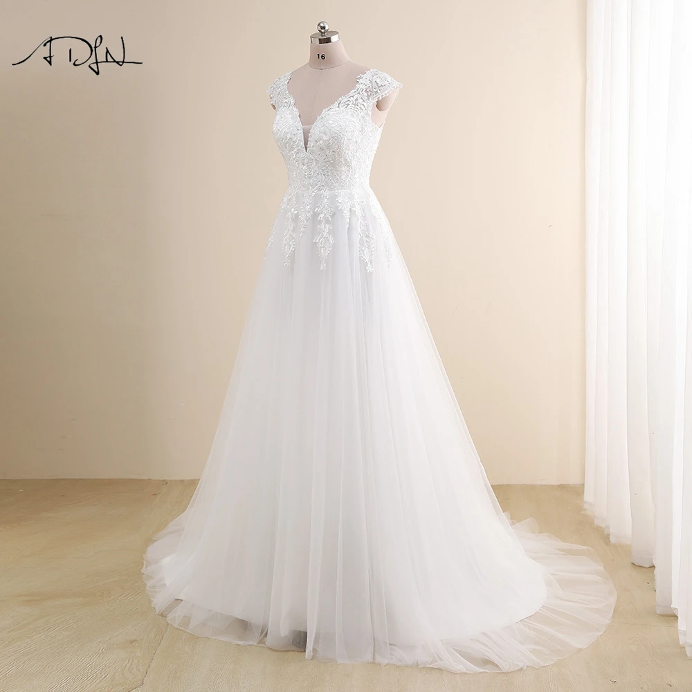 Modest V-neck Cap Sleeves Wedding Dresses Plus Size Customized A Line Bridal Gowns Tulle Lace Applique Robe De Mariee Customized 3