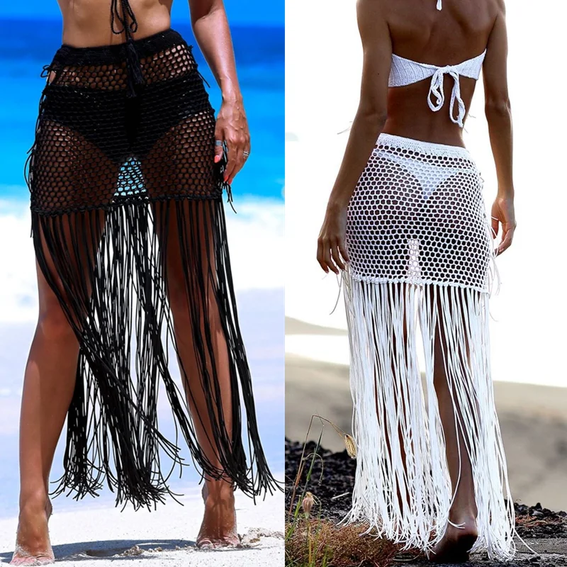 Tassel-Skirt Festival Clothing Crochet Long-Fringe Boho Hand with Net Gypsy