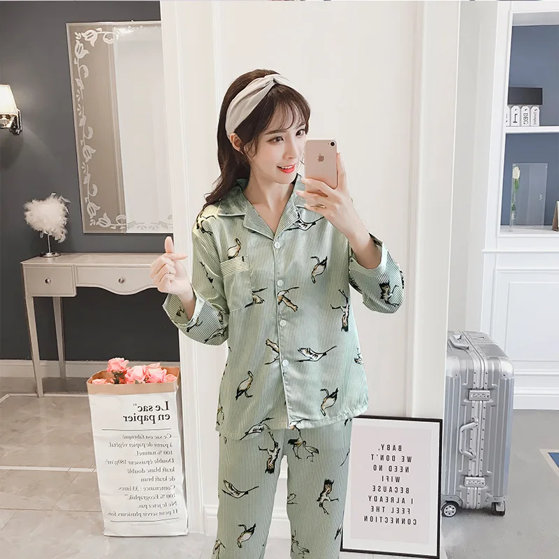 

Japanese-style Hipster Stripes Swan Cartoon Pajamas Women's Autumn Model Silk Long Sleeve Trousers Sweet Home Wear