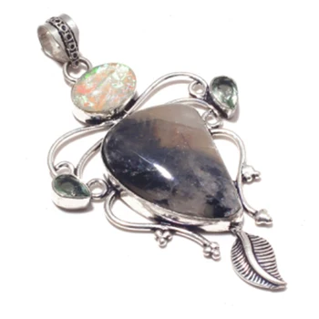 

Genuine Dendrite Opal Pendant Silver Overlay over Copper ,Hand made Women Jewelry gift